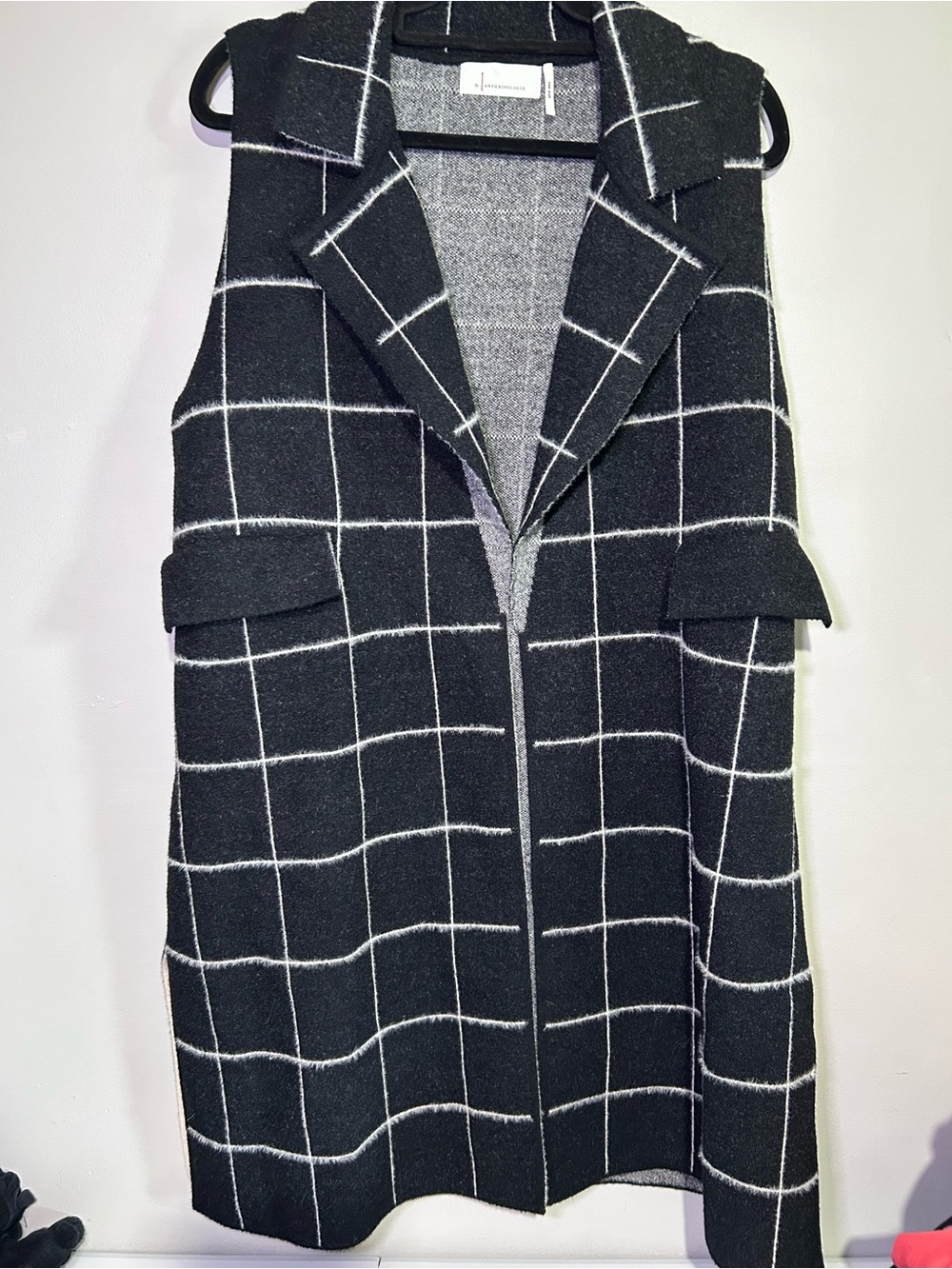 Anthropologie Black White Windowpane Plaid Long Sweater Vest One Size
